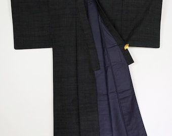 Raw Silk Kimono - Dark Green & Black Threads - Vintage Japanese Attire