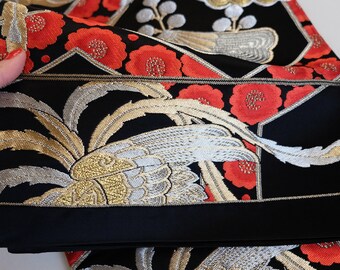 刺繍袋帯 / Elegant fukuro obi belt Red & Gold Obi Sash - Floral Obi - Fukuro Obi - Japanese Obi
