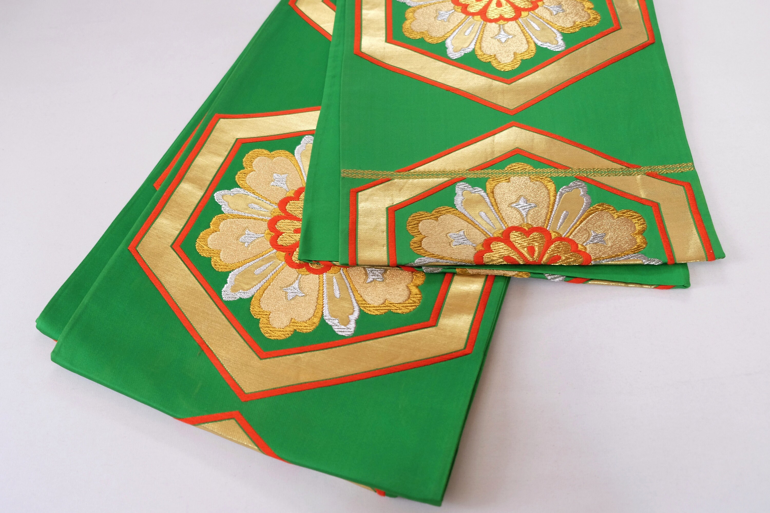 Green Obi Sash - Floral Gold Motif - Fukuro Obi - Silk Obi 