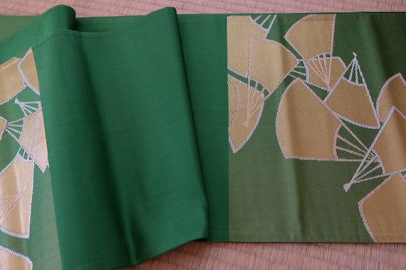 Green Obi - Shiny Gold Thread - Folding Fan Motif… - image 6