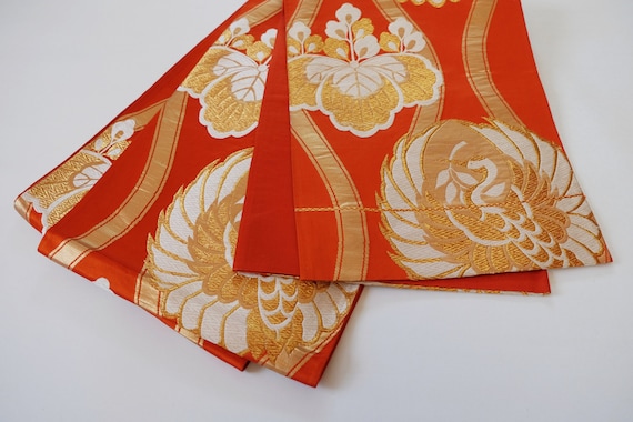 Gorgeous Obi Sash - Gold & Orange Obi - Crane Motif - Fukuro  display picture 2