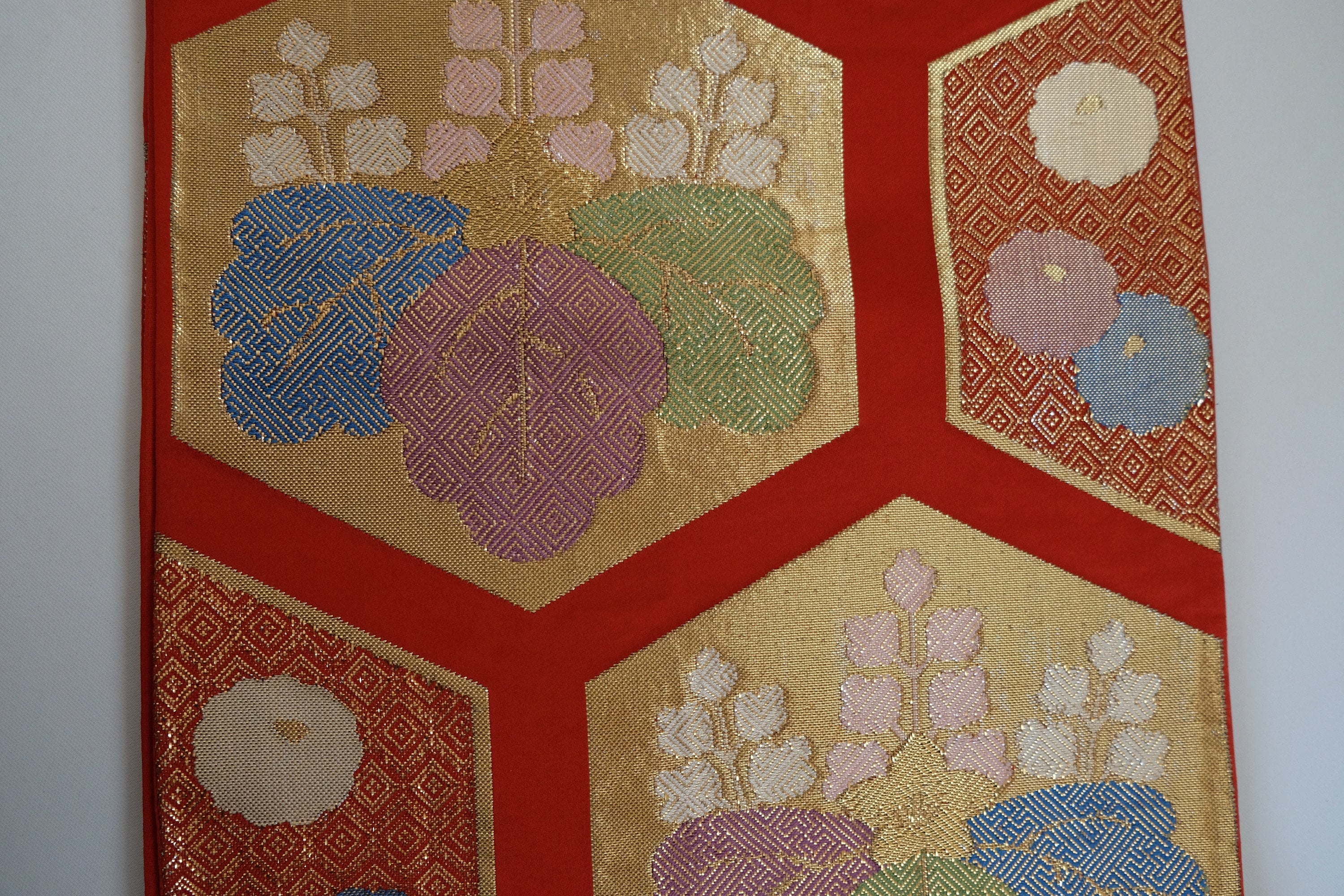 花柄帯 - 赤と金の帯 - 袋帯 - 着物ベルト - ヴィンテージ帯 - 絹帯