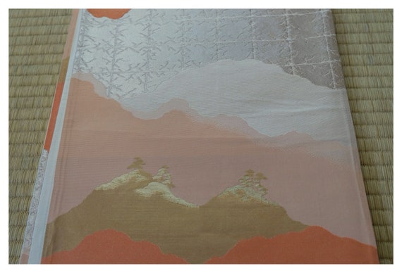 袋帯 山と橋の風景ピンク水色 ベージュ