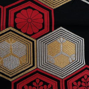 Black Obi Sash - Japanese Kamon Motifs - Fukuro Obi - Japanese Kimono ...