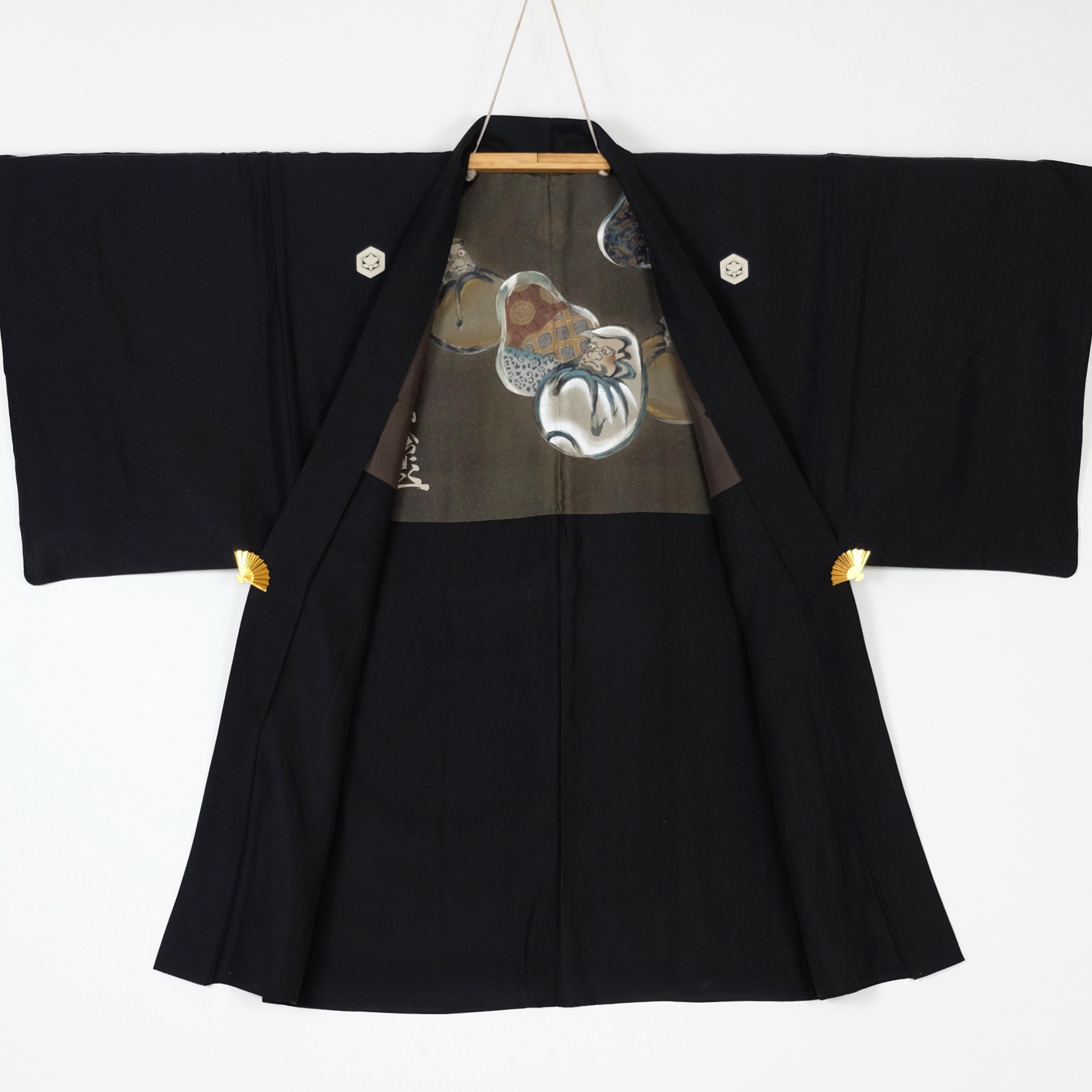 Montsuki Haori With Daruma on Lining - Black Haori With Family
