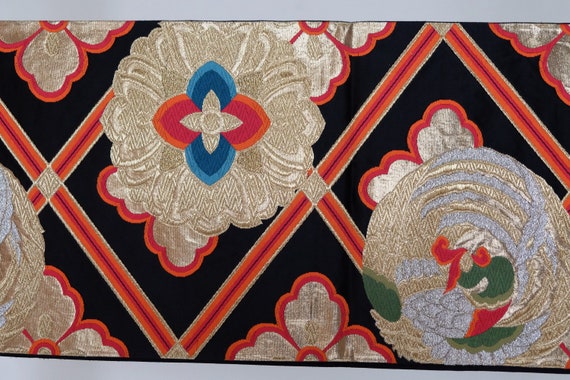 【洒落袋帯】一瞬で心奪う｜漆黒に朱赤の雪輪 アンティーク Obi/Vintage Obi With Traditional Japanese Motifs - Kimono Accessories - Fukuro