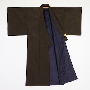 Brown Kimono For Men - Raw Silk Tsumugi Fabric - Vintage Japanese Wear - Silk Kimono