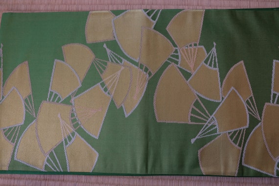Green Obi - Shiny Gold Thread - Folding Fan Motif… - image 3