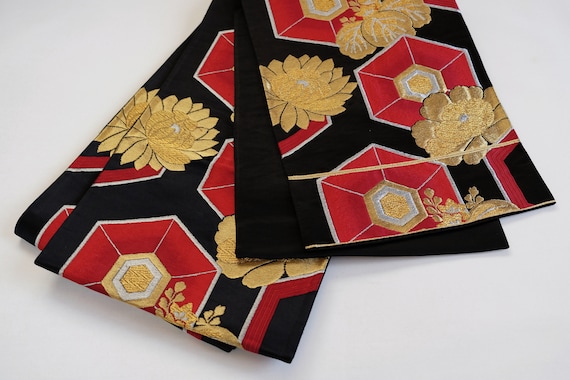 Red & Gold Obi Sash - Floral Obi - Fukuro Obi - Japanese Obi