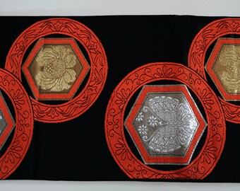Black Obi Sash - Traditional Japanese Motifs - Fukuro Obi - Kimono