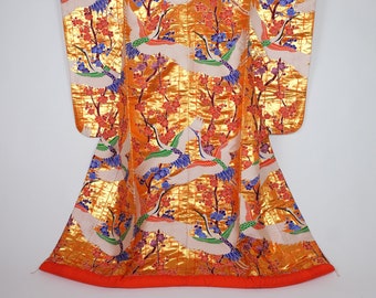 Uchikake Bridal Kimono - Gold Kimono with Cranes & Cherry Blossoms - Formal Kimono - Preloved Japanese Attire