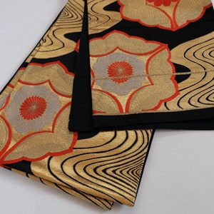 Black & Gold Obi Sash - Fukuro Obi - Kimono Belt - Silk Obi Sash - Vintage Belt - Kimono Accessories