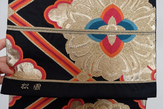【洒落袋帯】一瞬で心奪う｜漆黒に朱赤の雪輪 アンティーク Obi/Vintage Obi With Traditional Japanese Motifs - Kimono Accessories - Fukuro