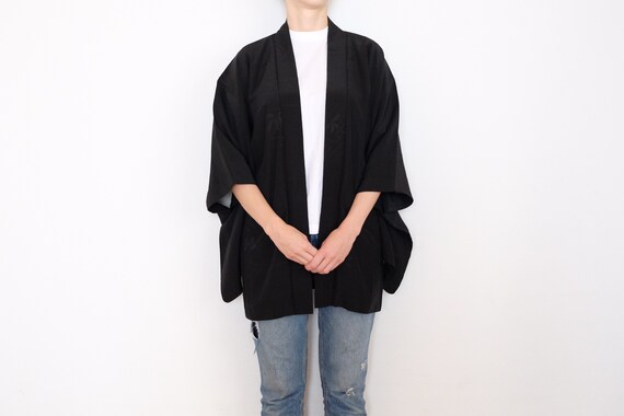 Black Haori - Delicate Floral Motif - Vintage Kim… - image 2