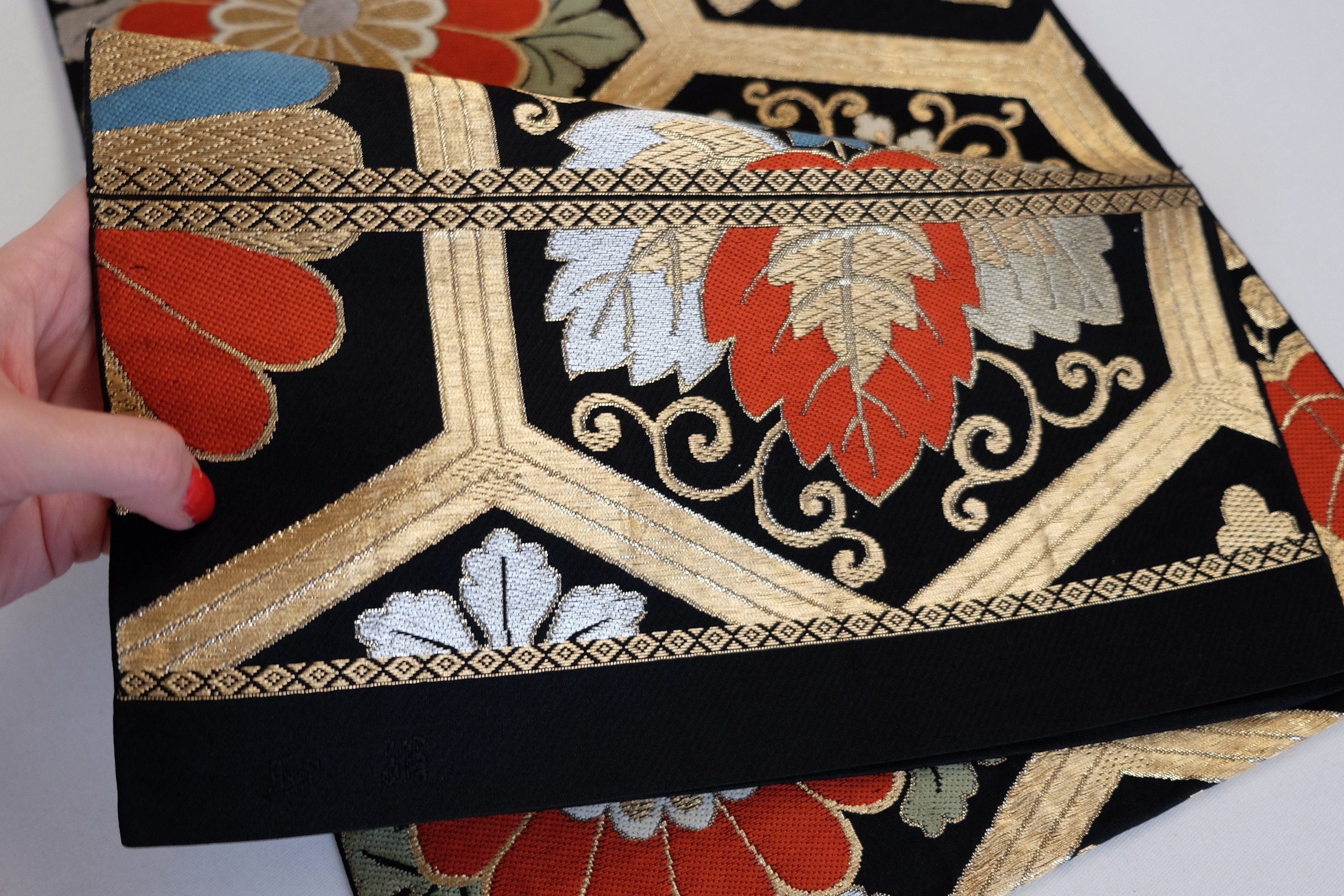Vintage Japanese obi sash silk tapestry floral  theme 12” x 156”. Made in Japan Floral Obi Sash - Black Fukuro Obi - Fukuro Obi - Japanese  main image 2