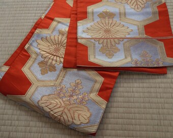 Floral Obi Sash - Traditional Japanese Motifs - Fukuro Obi - Kimono Obi Sash - Silk - Vintage - Kimono Accessories