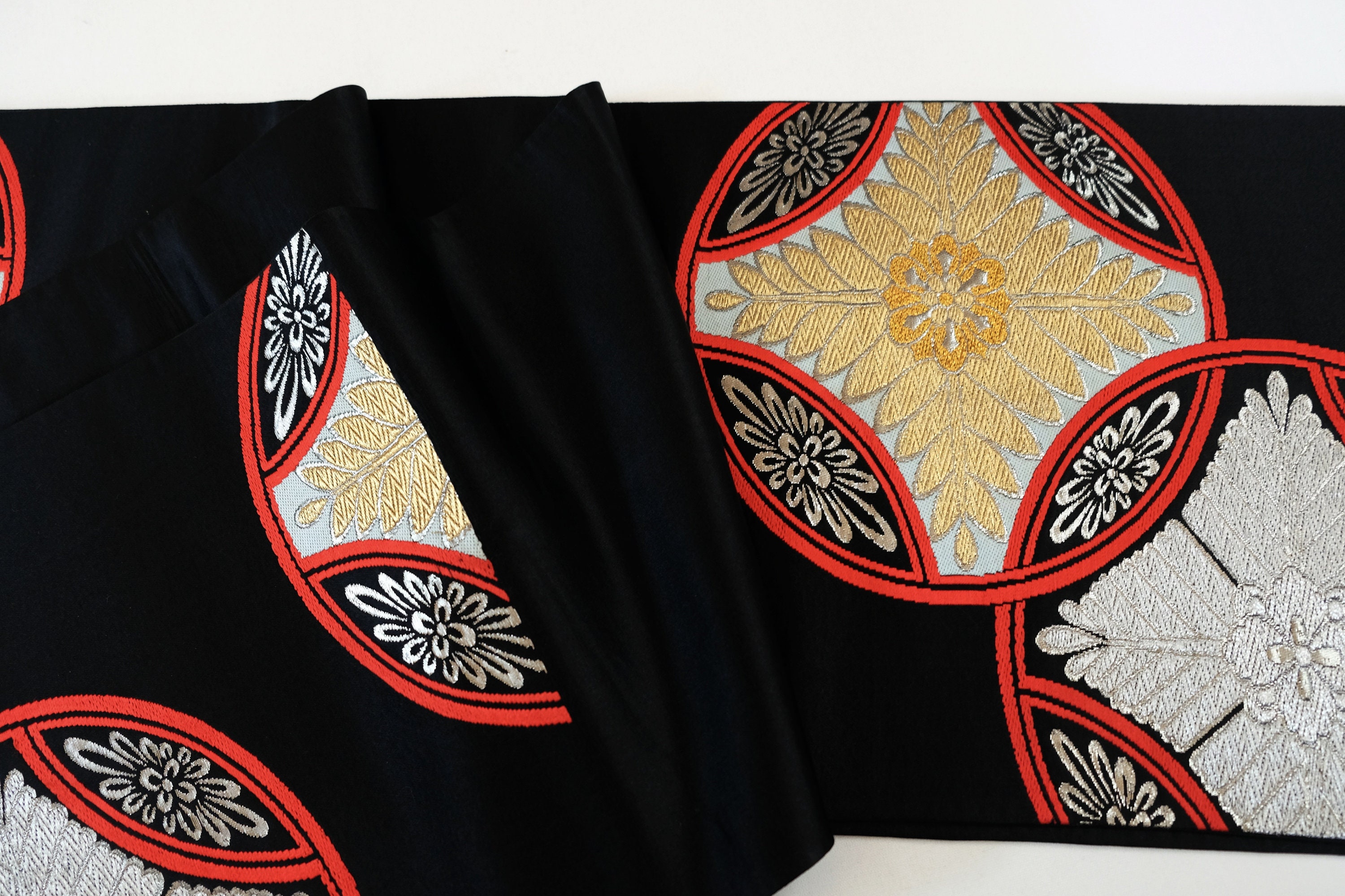 Black Obi Sash - Silver & Gold Motifs - Kimono Accessories  display picture 1
