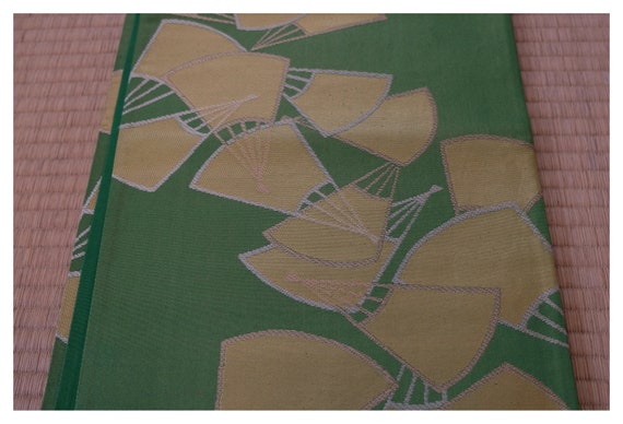 Green Obi - Shiny Gold Thread - Folding Fan Motif… - image 1