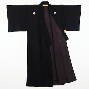 Montsuki Kimono For Men - Black Kimono with Family Crests - Vintage Japanese Wear - Silk Kimono