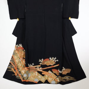 Kuro Tomesode Kimono with Traditional Motifs - Black Kimono - Preloved Japanese Kimono - Traditional Clothing from Japan
