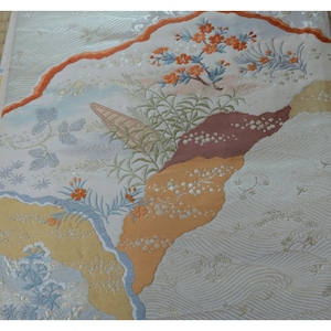 Silver Obi - Japanese Landscape Motif - Authentic Obi Sash For Kimono - Fukuro Obi - Vintage - Silk