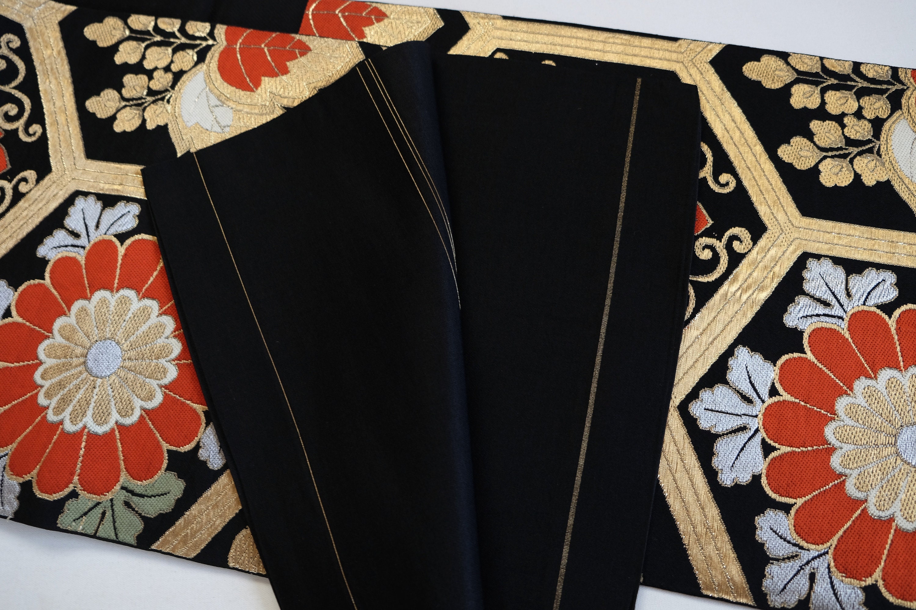 Floral Obi Sash - Black Fukuro Obi - Fukuro Obi - Japanese 
