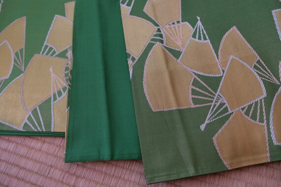 Green Obi - Shiny Gold Thread - Folding Fan Motif… - image 5