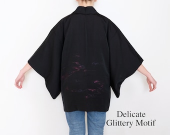 Black Haori - Delicate Glittery Motif - Vintage Haori - Japanese Kimono Cardigan - Primary Fiber Silk - Women's Haori