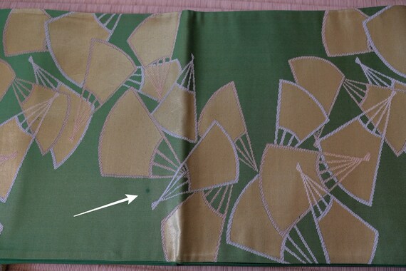 Green Obi - Shiny Gold Thread - Folding Fan Motif… - image 7