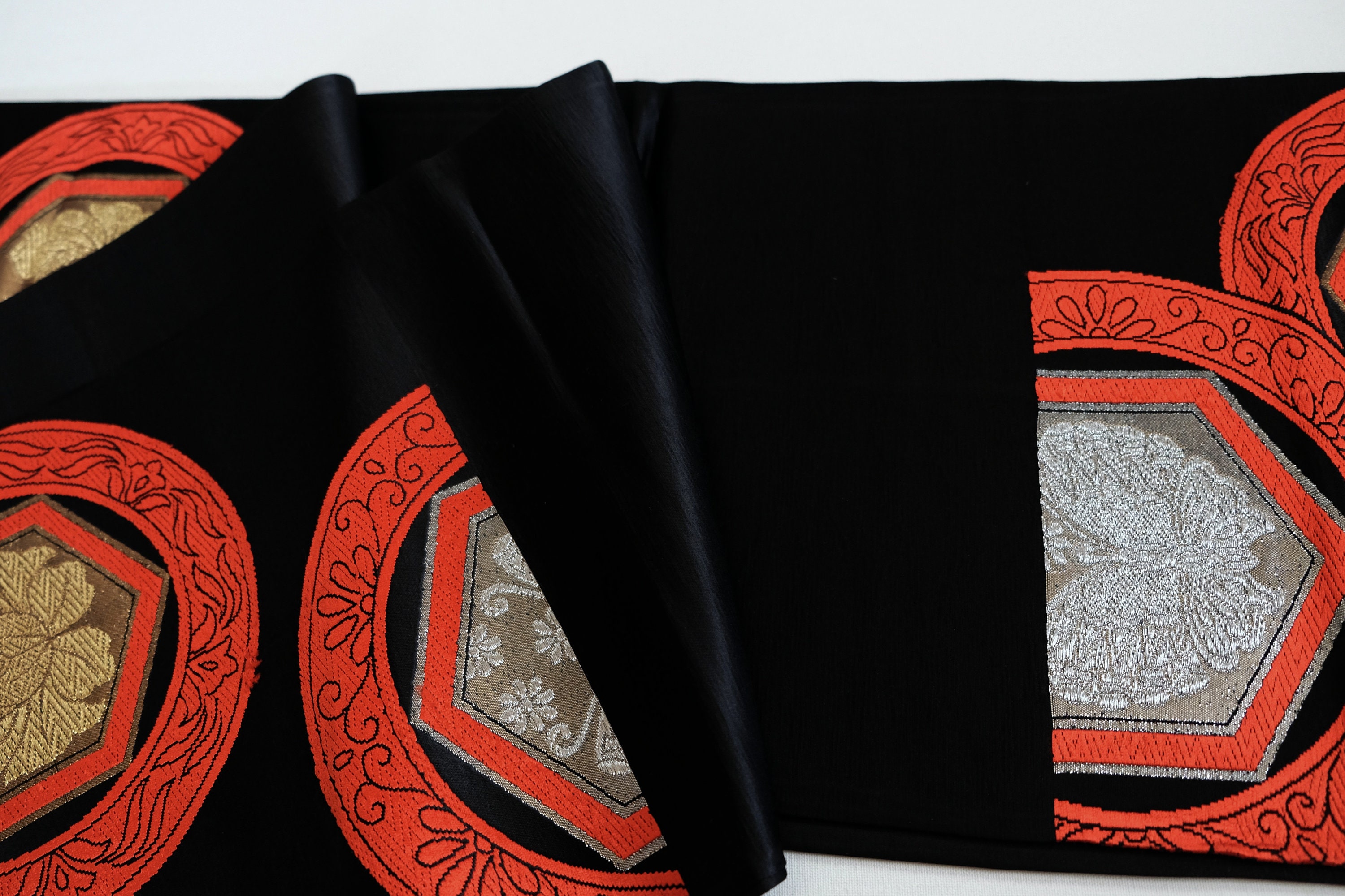 Black Obi Sash - Traditional Japanese Motifs - Fukuro Obi - Kimono