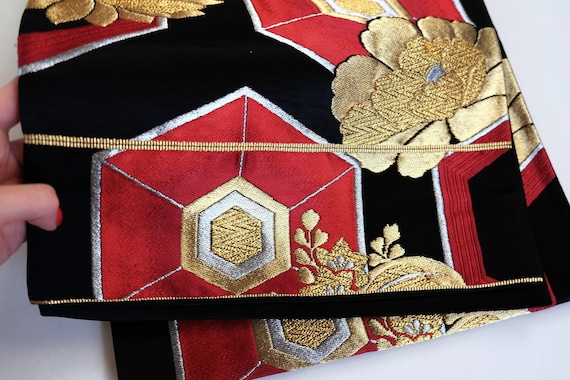 Red & Gold Obi Sash - Floral Obi - Fukuro Obi - Japanese Obi Sash