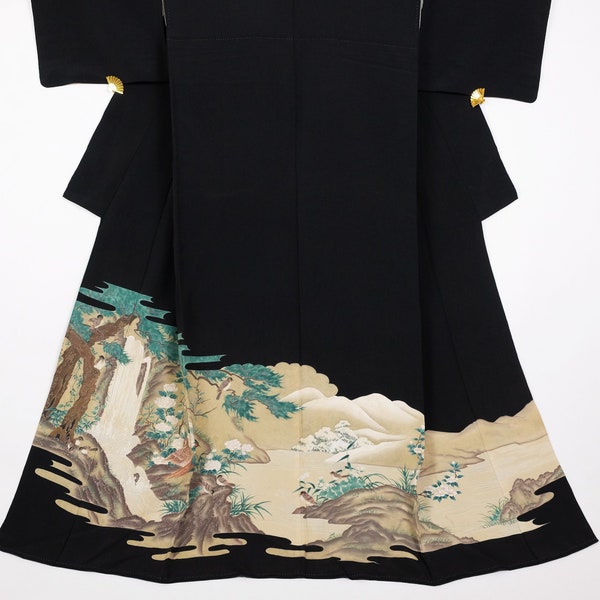 Kimono avec paysage japonais - Kimono formel pour femme - Kuro Tomesode - Vêtements japonais authentiques