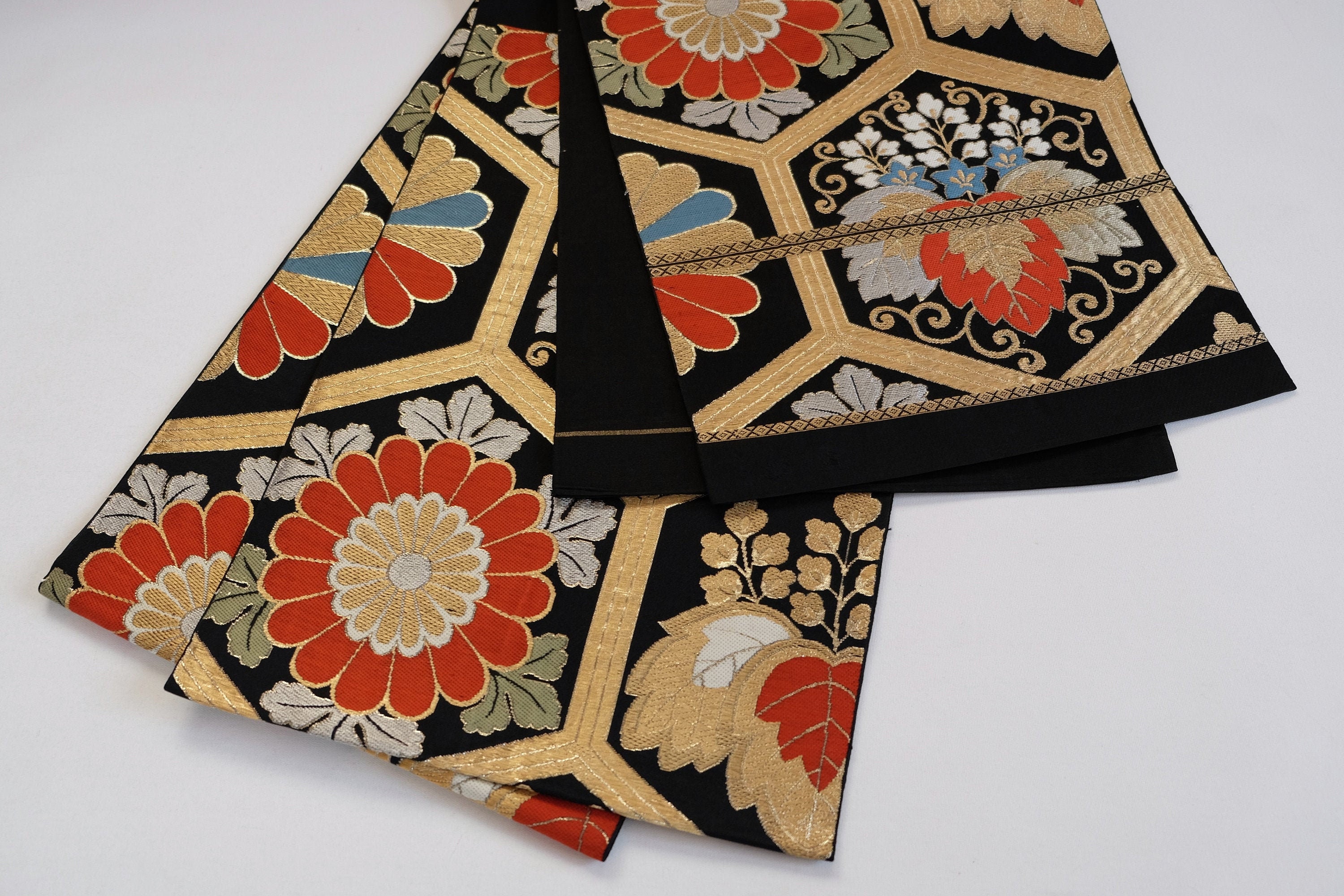 Floral Obi Sash - Black Fukuro Obi - Fukuro Obi - Japanese 