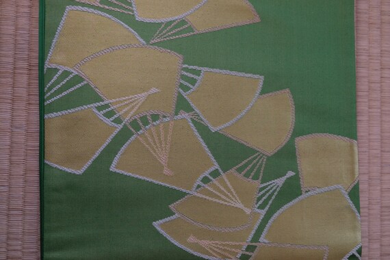 Green Obi - Shiny Gold Thread - Folding Fan Motif… - image 4