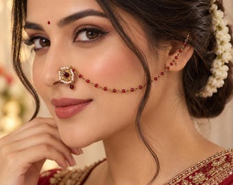 Indian Bridal Nose Stud with Chain, Gold Plated Nath, Red Stone Pearl Nose Jewellery, Pakistani Wedding Nose Pin, Traditional Nathni