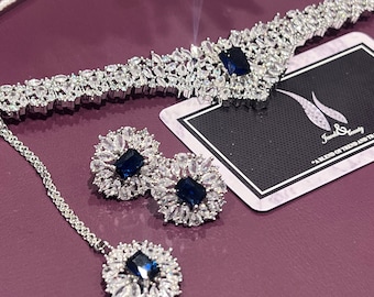 Indian CZ stones Silver sapphire blue Choker Necklace, Earrings, tikka Set - Perfect Engagement Gift