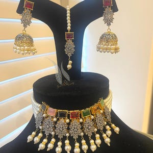 Pakistani Choker Set: Jhumka Earrings & Tikka, Multi-Stone Pearl Jewelry