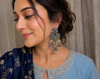 Indian Silver Plated Blue Earrings, Hyderabadi Nazami Style jewelry, Tradional Pakistani Jewellery