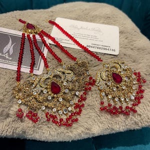 Red Crystal Tikka and Jhummar Set: Pakistani Bridal Jewelry