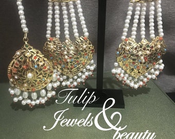 Indian/pakistani nauvratan jadu jewellery hyderabadi nazami/ mughal style jhummar earrings and tikka ser Jewellery set