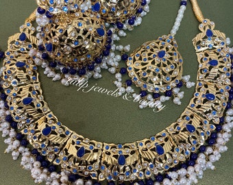 Indiase | Pakistaanse traditionele hyderabadi ketting bezet met jhumki en tikka | gouden plaat sieraden | hyderabadi sieraden | bruidssieraden