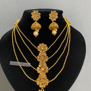 Indiase sieradenset, gelaagde ketting fijne polki Indiase sieraden, Pakistaanse designer sieraden, ketting en oorbellen set afbeelding 3