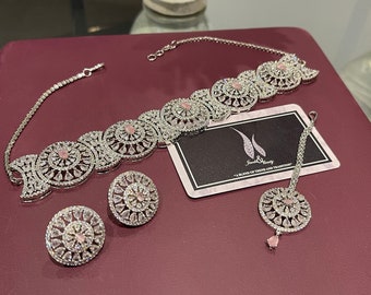 Indian Bridal pink American diamond CZ Diamanté silver 3 PCS choker Necklace Set, Necklace Earrings Jewelry Set, silver Wedding Necklace set