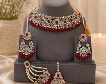 Red Pakistani Bridal Choker Necklace Set, Indian wedding jewelry, Gold Plated Bridal Jewellery