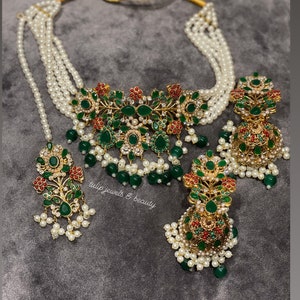 Indian Bridal Jewelry Set – 18K Gold Plated Choker With Maang Tikka & Earrings, Faux Kundan