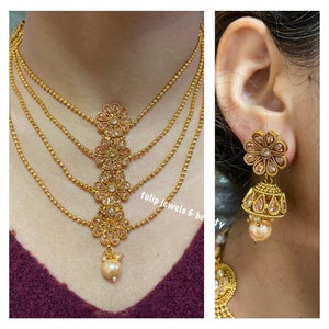 Indiase sieradenset, gelaagde ketting fijne polki Indiase sieraden, Pakistaanse designer sieraden, ketting en oorbellen set afbeelding 1