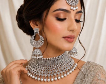 Silver Plated Polki Choker Set: Indian Bridal Jewelry