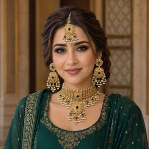 Emerald Ruby Pearl kundan Jewellery Set, Gold Plated Thappa Kundan Choker Set Earrings Tikka Pearls, Pakistani bridal Indian Jewellery