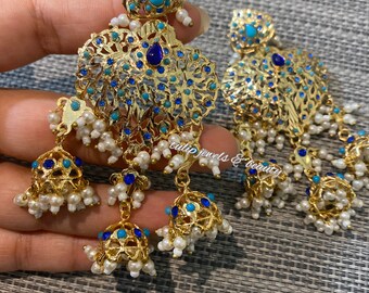 Gold Plated Jhumka Earrings: Turquoise & Blue Indian Jewelry