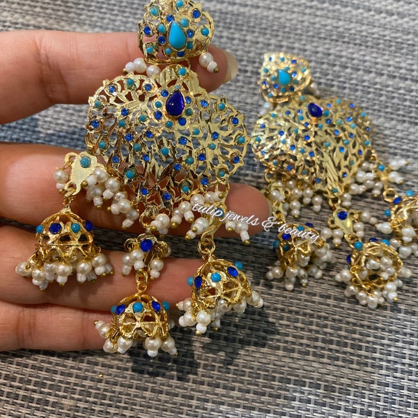 Designer jadu jewellery hyderabadi / Nazami earrings pakistani designer Jewellery earrings Indian Jewellery  light blue &  blue jewellery